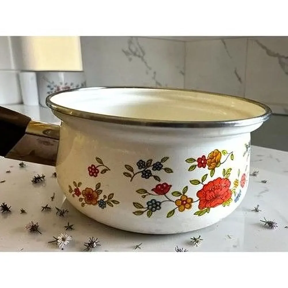 Vintage Floral Enamel Saucepan – Summer Garden Exciel Pot with Wooden Handle
